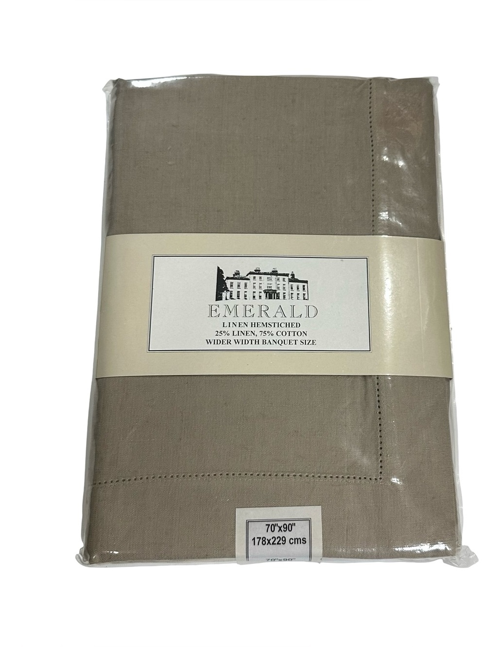 Emerald Linens Taupe Hemstitched Linen Cotton Tablecloth 70x90 Banquet Size NIP